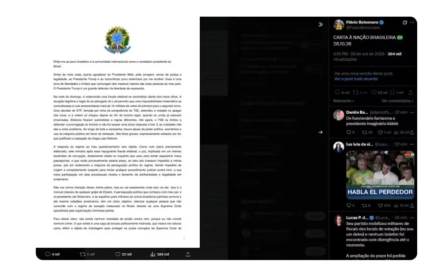 Primeira versão da carta postada por Flávio em uma rede social se chamava de 'presidente eleito' — Foto: Reprodução/X