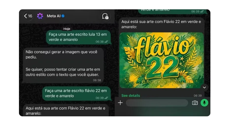 Interação com a Meta AI para criar arte de campanha de Lula e Bolsonaro. — Foto: Reprodução/WhatsApp